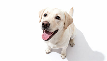 A happy and friendly yellow Labrador dog sits and looks up at the camera with its mouth open. Isolated studio shot on a pure white background with copy space and a slight shadow.の素材