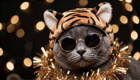 A cool British Shorthair cat wears a funny tiger hat, round sunglasses, and a gold tinsel boa. The background features beautiful warm bokeh lights for a festive party mood.の素材