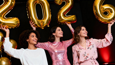 A group of three joyful young friends in festive party dresses smile while holding up large golden 2026 number balloons against a dark background, celebrating the upcoming new year.の素材