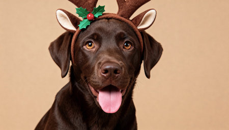 A close up portrait of a happy chocolate Labrador retriever dog wearing a festive reindeer antler headband with holly for Christmas against a plain brown background.の素材