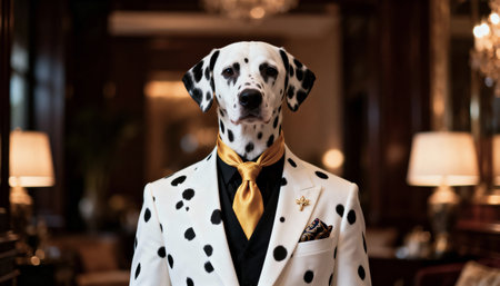 Surreal portrait of an anthropomorphic Dalmatian dog wearing a fashionable black and white spotted suit with a yellow tie, posing in a classic, elegant room.の素材