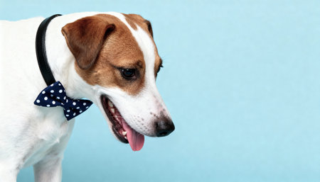 Close up portrait of a cute Jack Russell Terrier dog with a happy expression, dressed in a fashionable blue and white polka dot bow tie against a plain blue studio background with copy space.の素材