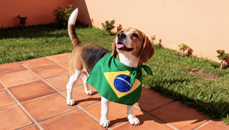 A cute beagle dog wearing a Brazilian flag bandana stands on a sunny patio. The patriotic pet looks up happily, ready to celebrate a national event or sport.の素材