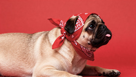 A cute fawn pug dog wearing a red paisley bandana lies on a solid red background. The adorable pet has its tongue sticking out in a playful and funny expression.の素材