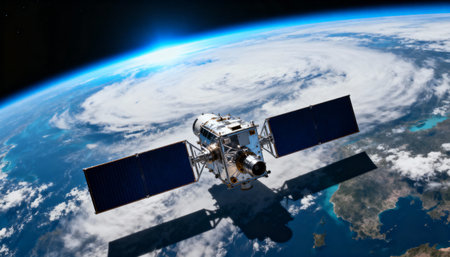 A communication satellite with solar panels flies in space high above the Earth, providing a detailed view of a powerful tropical cyclone swirling over the blue ocean and white clouds.の素材