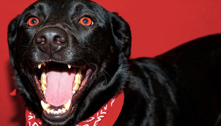 Intense headshot of a black dog with a wide open mouth showing teeth and tongue. The dog has glowing red eyes and wears a red bandana against a matching vibrant red backdrop.の素材