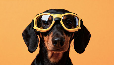 A close-up studio portrait of a cute dachshund dog wearing funny yellow goggles. The adorable pet looks directly at the camera with a humorous expression against a plain background.の素材