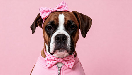 A cute portrait of a purebred boxer dog wearing a fashionable pink outfit with a bow tie and headband, posing against a solid pink background in a studio setting.の素材