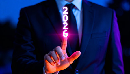 A professional man in a suit points his finger at a glowing virtual number 2026, representing future business planning, goals, and technological advancement.の素材