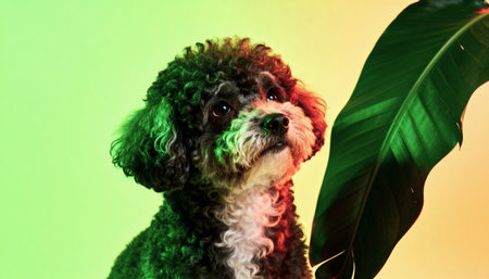 A close-up portrait of a cute black and white toy poodle looking up at a large green plant leaf. The scene is illuminated by a stylish green and orange color gradient light.の素材