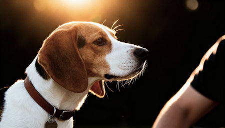 Side profile of a cute beagle dog illuminated by golden hour sunlight. The dog looks towards its owner, who is partially visible against a dark background.の素材