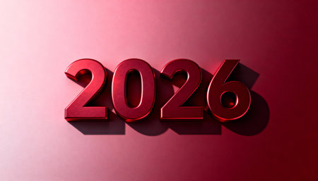 Three dimensional rendering of the number 2026 in a metallic red finish. The numbers cast a dark shadow on a smooth pink to red gradient background.の素材