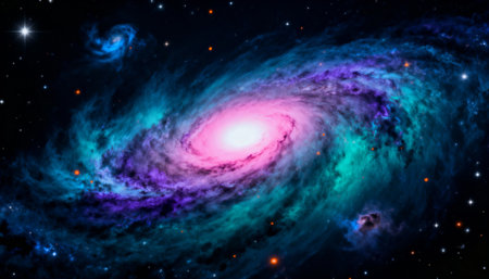 A stunning illustration of a swirling spiral galaxy, featuring a luminous pink and purple core surrounded by teal and blue cosmic dust clouds and distant stars in the vast universe.の素材