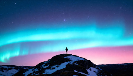 A solitary person stands silhouetted on a snow-covered peak, gazing at the magnificent display of the aurora borealis lighting up the starry night sky.の素材