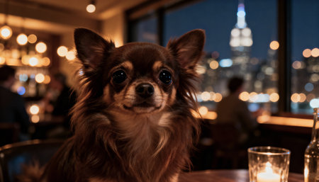 A charming long-haired chihuahua sits at a table in a dimly lit bar. The New York City skyline with the Empire State Building is visible through the window at night.の素材