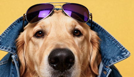 A close-up portrait of a fashionable golden retriever dog in a blue denim jacket with purple sunglasses on its head, posing against a solid yellow background.の素材