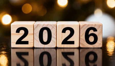 The year 2026 spelled out on wooden cubes on a reflective surface. A festive background with warm blurry bokeh lights creates a celebratory New Year mood.の素材