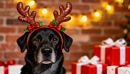 A cute black dog sits patiently wearing a reindeer antler headband. In the background are wrapped Christmas presents and warm festive lights against a brick wall.の素材