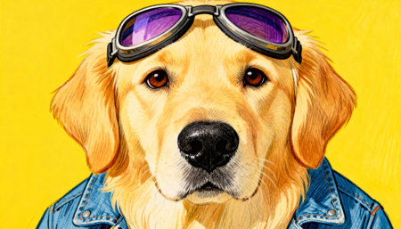 A stylish golden retriever poses for a portrait wearing cool aviator sunglasses and a blue denim jacket against a vibrant yellow background. A fun and humorous animal concept.の素材