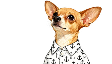 Adorable tan Chihuahua looking up, dressed in a whimsical hand-drawn sailor shirt with anchors. A funny, anthropomorphic concept isolated on a white background with copy space.の素材