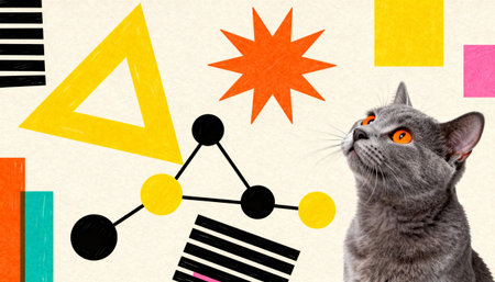 A modern art collage featuring a curious gray British Shorthair cat with bright orange eyes looking up at a collection of colorful abstract geometric shapes and patterns.の素材