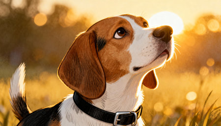 A close up portrait of a cute beagle dog looking up with a curious expression. The scene is bathed in warm, golden light from the setting sun, creating a beautiful bokeh background.の素材