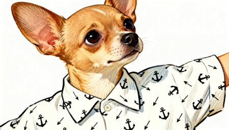 A close up portrait of an adorable tan chihuahua dog dressed in a fashionable white shirt with a black anchor pattern, isolated on a clean white background.の素材