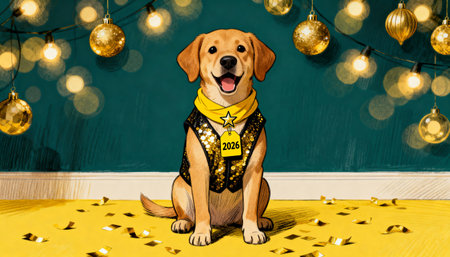 A joyful yellow Labrador puppy sits wearing a festive vest against a backdrop of glowing golden Christmas baubles and bokeh lights, with confetti on the floor.の素材