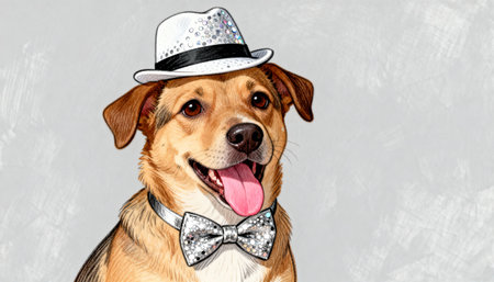 An adorable illustration of a happy brown dog dressed up in a stylish white fedora hat and a glittering silver bow tie, smiling against a light gray textured background.の素材