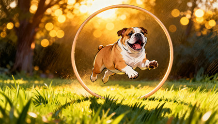 A joyful English Bulldog is captured mid-air as it leaps through a wooden hoop. The scene is set in a grassy park with warm, golden sunset light creating a beautiful bokeh.の素材
