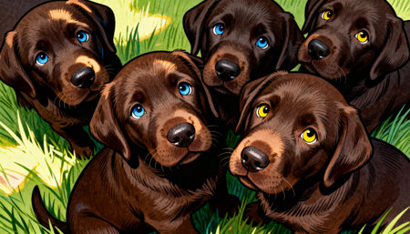 A heartwarming digital illustration featuring a group of five cute chocolate Labrador puppies with beautiful blue and yellow eyes nestled together in vibrant green grass.の素材