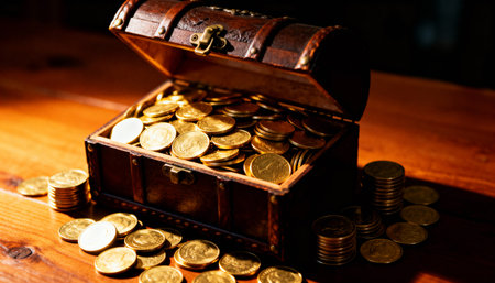 An open antique wooden chest filled to the brim with valuable gold coins, some spilling onto a rustic table in a dimly lit room, symbolizing wealth and discovery.の素材