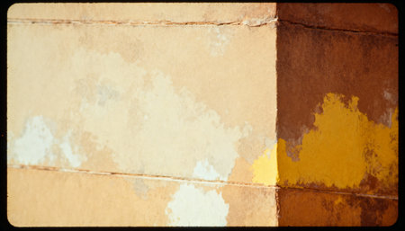 A minimalist abstract composition featuring color blocking in warm earth tones. The image shows a textured surface with shades of beige, brown, and golden yellow, divided by thin lines.の素材
