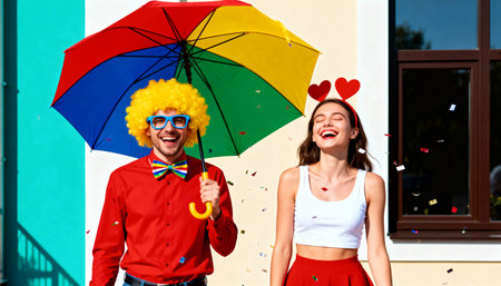A happy couple celebrates outdoors on a sunny day. The man wears a funny clown costume with a yellow wig and the woman laughs as confetti falls around them.の素材