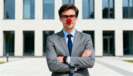 Portrait of a serious young professional with crossed arms wearing a red clown nose. A concept of corporate humor, absurdity, and not taking yourself too seriously in the workplace.の素材