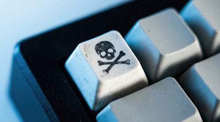 A macro shot of a computer keyboard key featuring a skull and crossbones icon, symbolizing digital piracy, malware, hacking, and online security threats.の素材