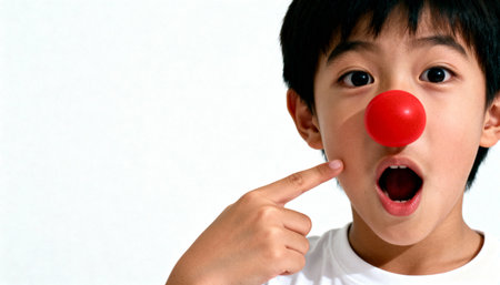 A cute young boy with an amazed expression wears a funny red clown nose. He points to his cheek, isolated on a clean white background with copy space.の素材