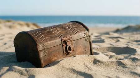 A mysterious old pirates treasure chest sits on a sandy beach shore. This is a concept of discovery, adventure, and hidden wealth waiting to be found by the seaside.の素材