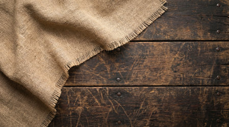 Top view of a crumpled piece of hessian or burlap cloth on a dark, scratched, and aged wooden plank surface. Perfect for rustic backgrounds and textures.の素材