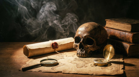A dark and moody scene featuring a human skull, a treasure map, a compass, and old books. Smoke in the background creates an atmosphere of mystery, piracy, and exploration.の素材