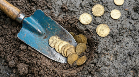 A close-up view of a metal and wood garden trowel unearthing a pile of shiny gold coins from dark, rich earth. Concept of discovery, wealth, and investment.の素材