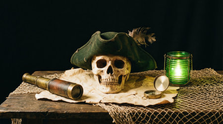A still life composition featuring a pirate skull wearing a hat, a spyglass, gold coins, and a treasure map on a wooden table illuminated by a green candle.の素材