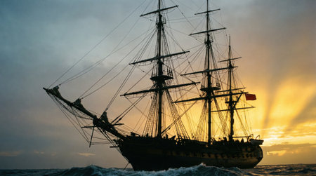 A dramatic view of a historic sailing vessel silhouetted against a beautiful golden sunset. The ship sails on the open sea with sun rays breaking through the clouds.の素材