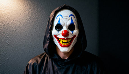 A person in a terrifying clown mask with a wide yellow-toothed smile and a black hooded cloak stands in a dark room, creating a horror or Halloween concept.の素材