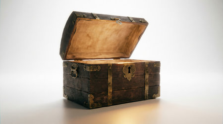 An antique weathered wooden treasure chest with its lid open, revealing an empty interior. The vintage storage box is isolated against a clean white studio background.の素材