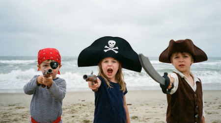 A group of three young kids, two boys and a girl, dressed in pirate costumes with hats, an eyepatch, and toy swords and guns, play pretend on a sandy beach by the ocean.の素材