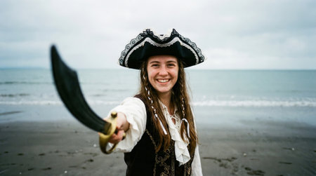 A cheerful young woman dressed in a full pirate costume with a tricorn hat smiles while pointing a cutlass sword at the camera on a sandy seashore with the ocean in the background.の素材