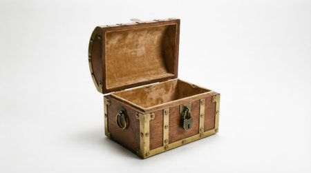 An old, empty wooden treasure chest with a curved, open lid. The box features brass details and is isolated on a clean white studio background, ready for content.の素材
