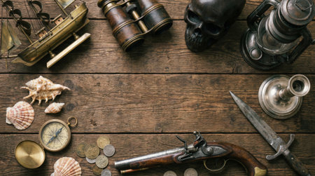 A top-down view of pirate essentials like a skull, flintlock pistol, compass, and old coins arranged on a weathered wooden surface, creating a frame with copy space.の素材