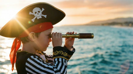 A child dressed as a pirate with a hat and spyglass looks out over the water. The setting sun creates a beautiful golden light, highlighting the sense of adventure and imagination.の素材